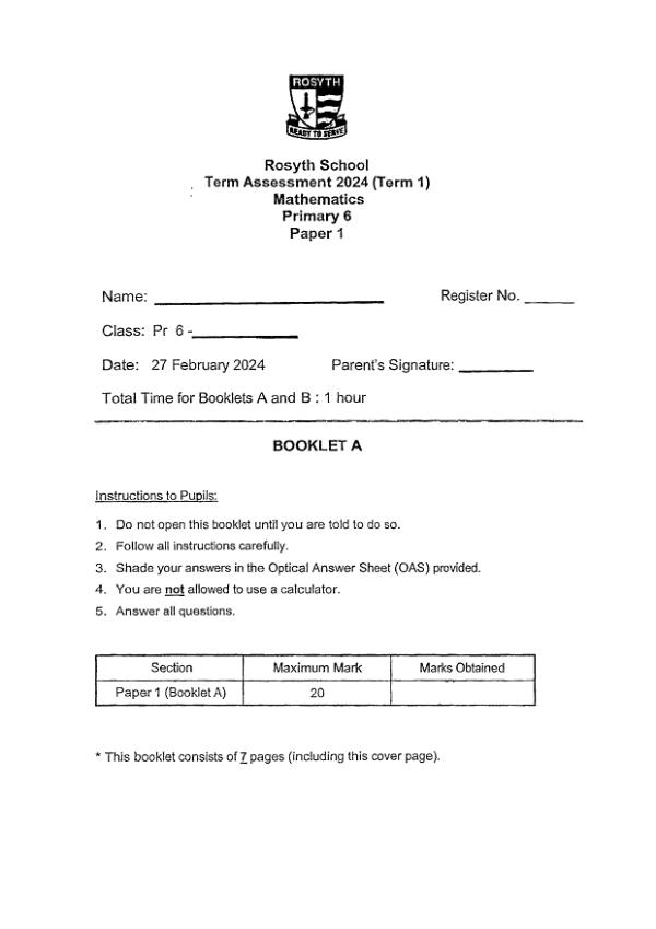 First page preview of P6 Math 2024 WA2 — Rosyth