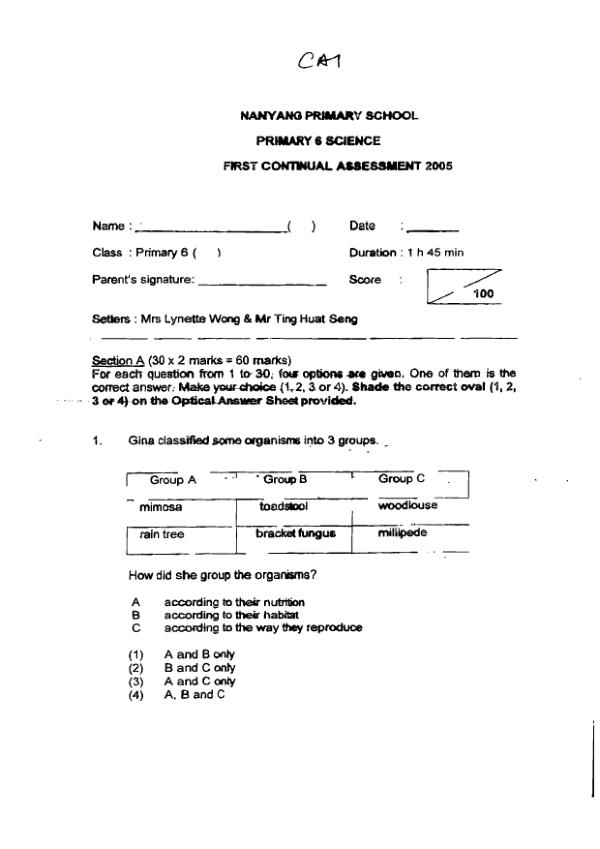 Nanyang P6 Sci WA1 2005 exam paper PDF preview