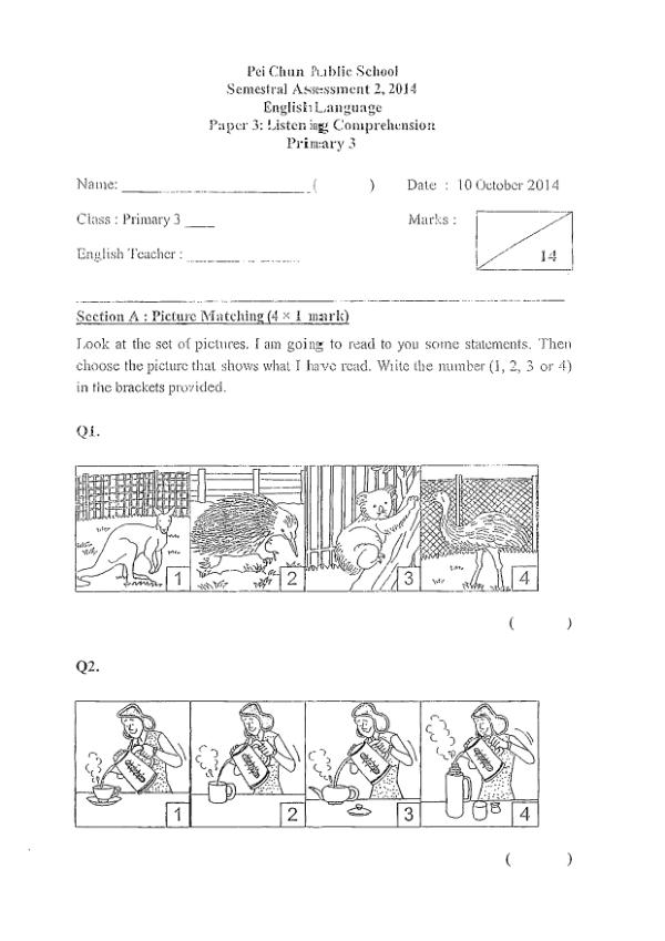 Pei Chun P3 Eng SA2 2014 exam paper PDF first page preview