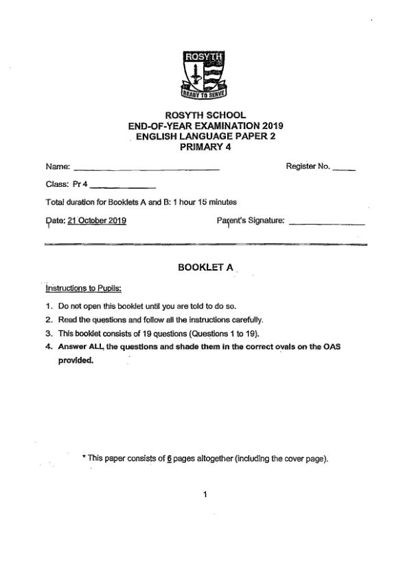 Rosyth P4 Eng SA2 2019 exam paper PDF preview