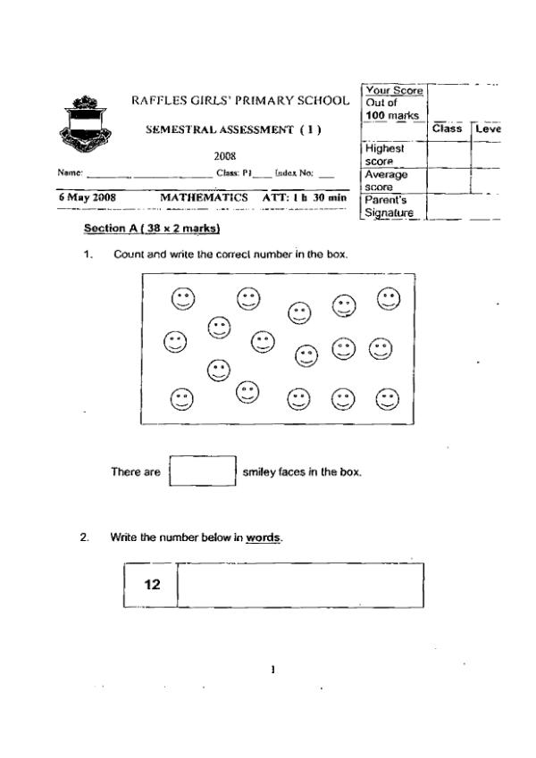 Raffles Girls P1 Math WA2 2008 exam paper PDF first page preview