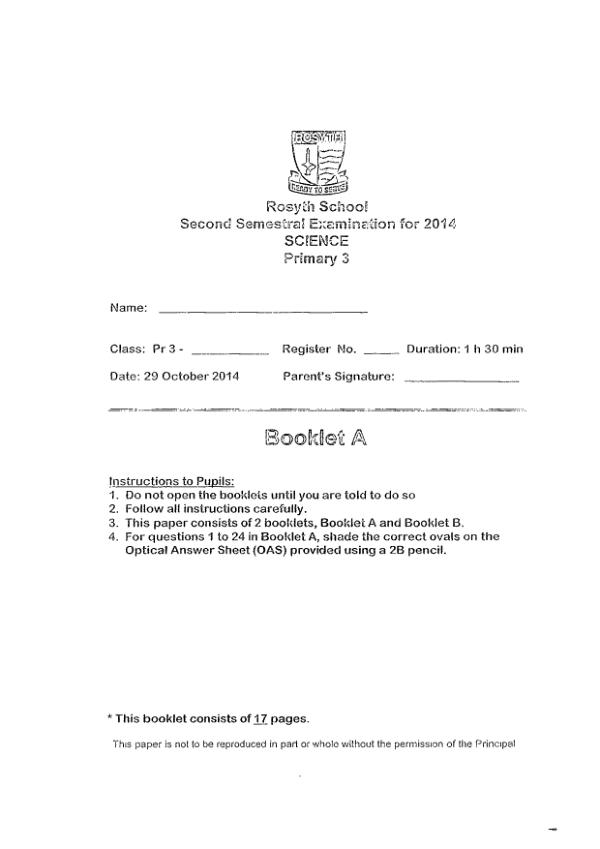 Rosyth P3 Sci SA2 2014 exam paper PDF preview