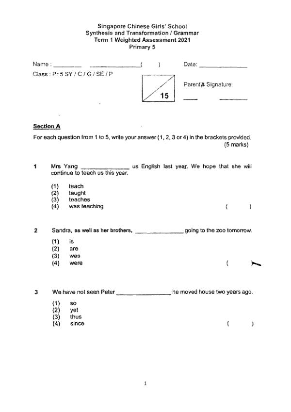 Singapore Chinese Girls P5 Eng WA2 2021 exam paper PDF first page preview