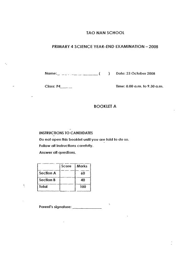 Tao Nan P4 Sci SA2 2008 exam paper PDF first page preview