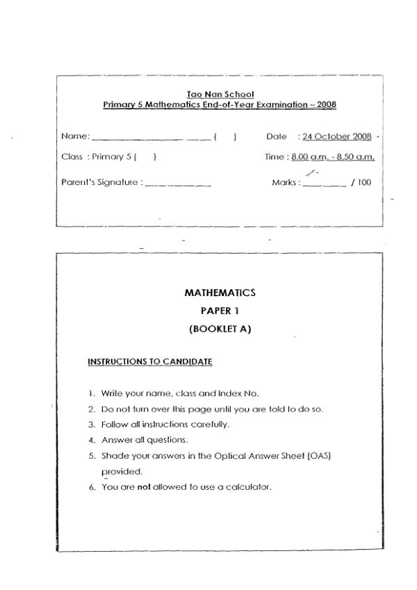 Tao Nan P5 Math SA2 2008 exam paper PDF preview