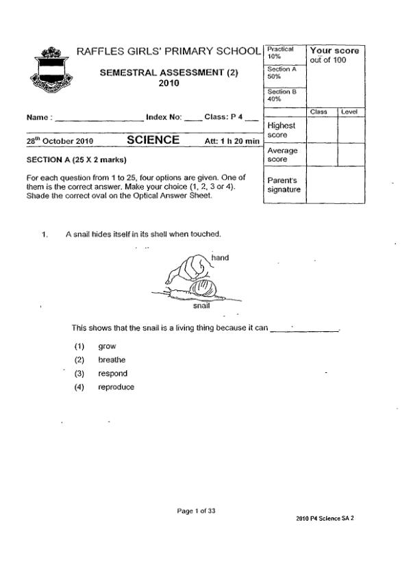 Raffles Girls P4 Sci SA2 2010 exam paper PDF first page preview