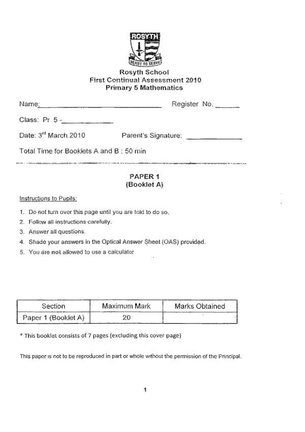 Rosyth P5 Math WA1 2010 exam paper PDF preview