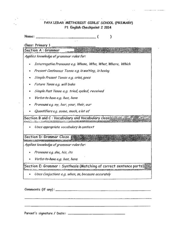 Methodist Girls P1 Eng WA2 2014 exam paper PDF first page preview