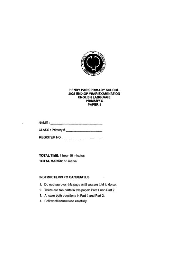 Henry Park P5 Eng SA2 2023 exam paper PDF first page preview