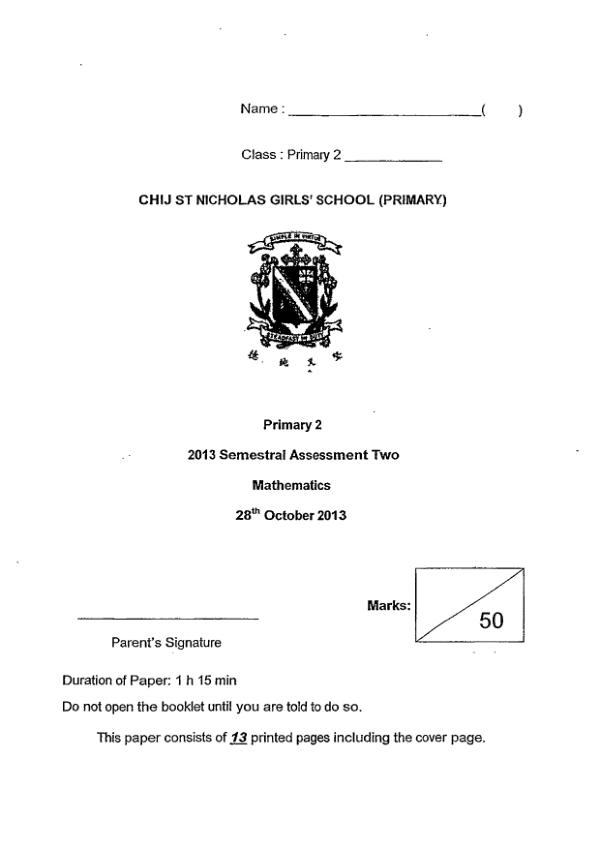 CHIJ P2 Math SA2 2013 exam paper PDF first page preview