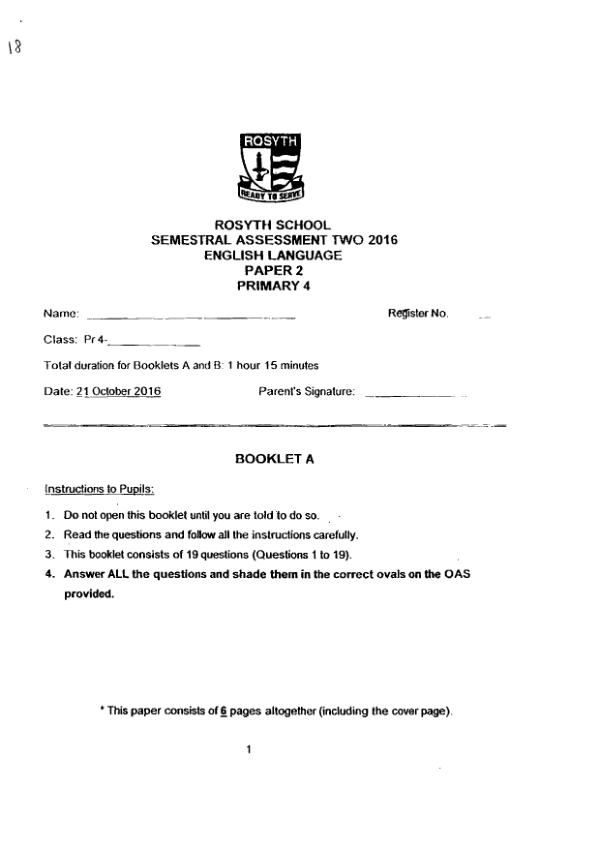 Rosyth P4 Eng SA2 2016 exam paper PDF first page preview