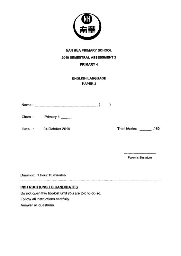 Nan Hua P4 Eng SA2 2019 exam paper PDF preview