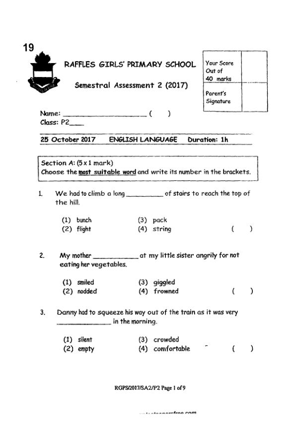 Raffles Girls P2 Eng SA2 2017 exam paper PDF first page preview
