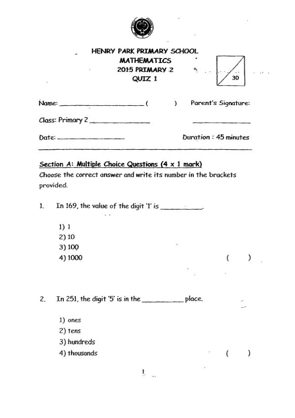 First page preview of P2 Math 2015 WA1 — Henry Park