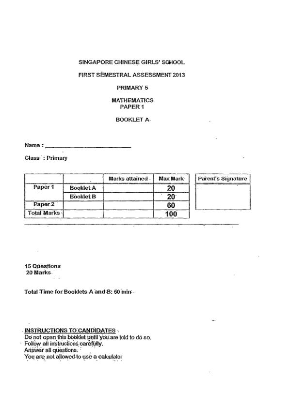 Singapore Chinese Girls P5 Math WA2 2013 exam paper PDF first page preview