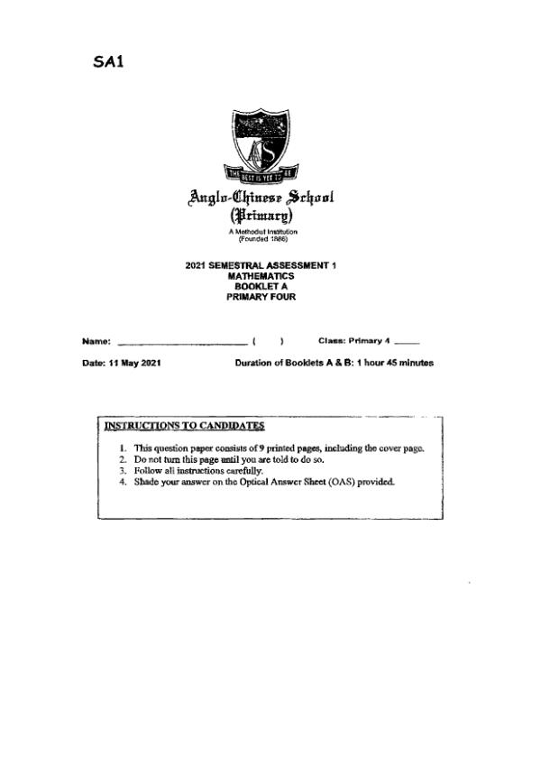 First page preview of P4 Math 2021 WA2 — Anglo Chinese