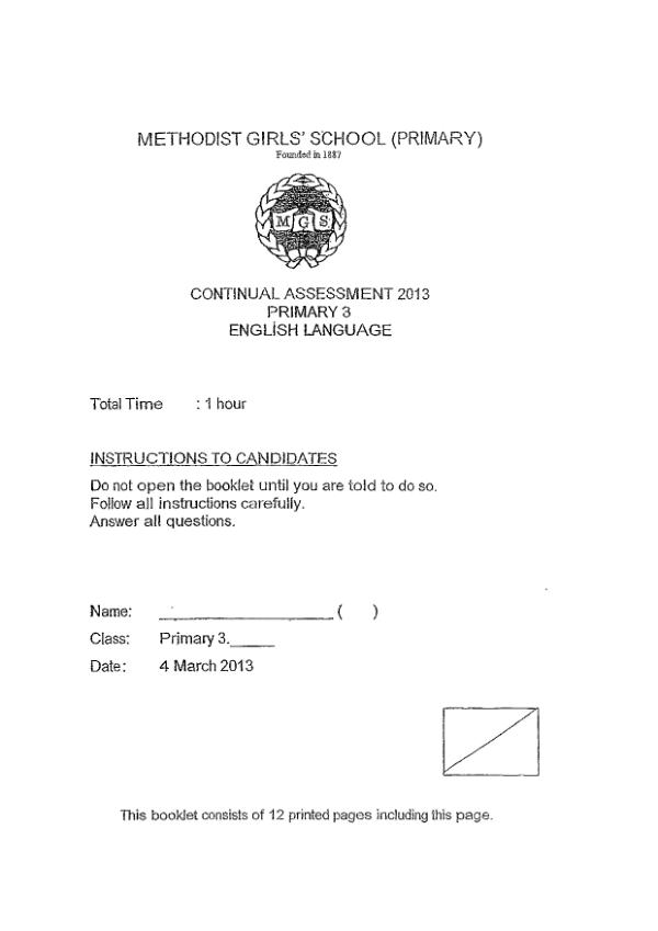 Methodist Girls P3 Eng WA1 2013 exam paper PDF preview