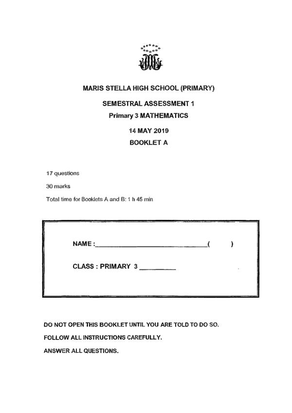 First page preview of P3 Math 2019 WA2 — Maris Stella High