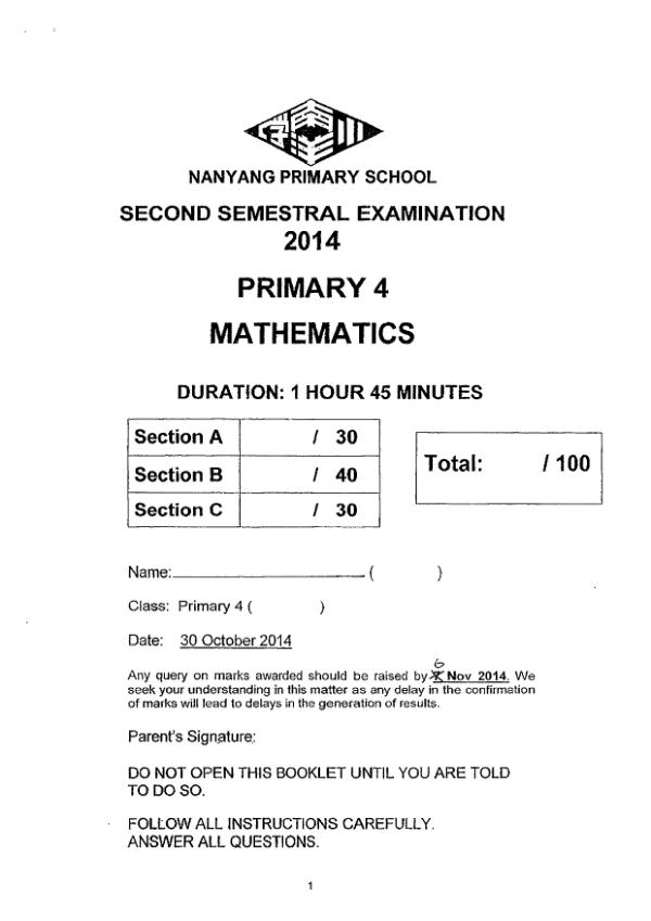 Nanyang P4 Math SA2 2014 exam paper PDF first page preview