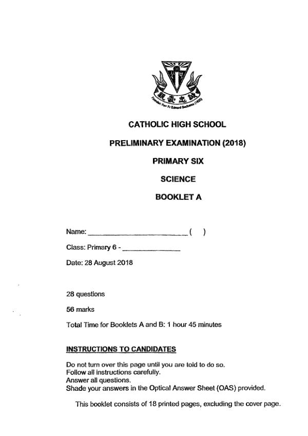 Catholic High P6 Sci SA2 2018 exam paper PDF preview