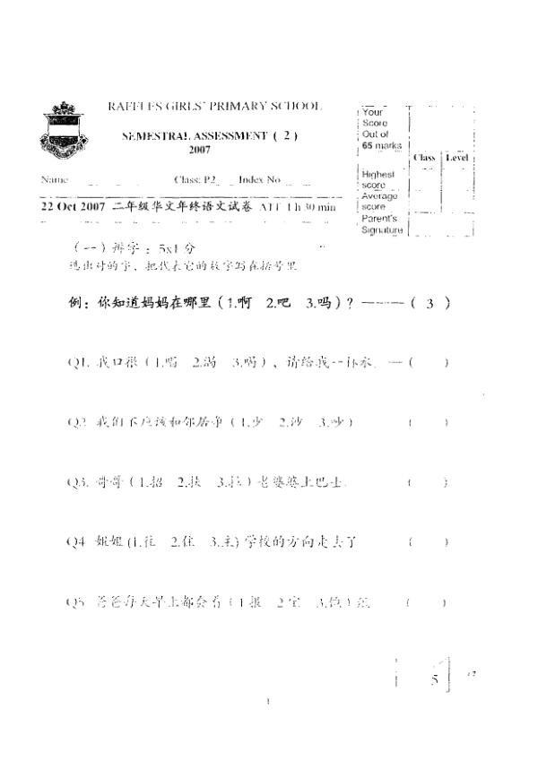 Raffles Girls P2 Chi SA2 2007 exam paper PDF preview