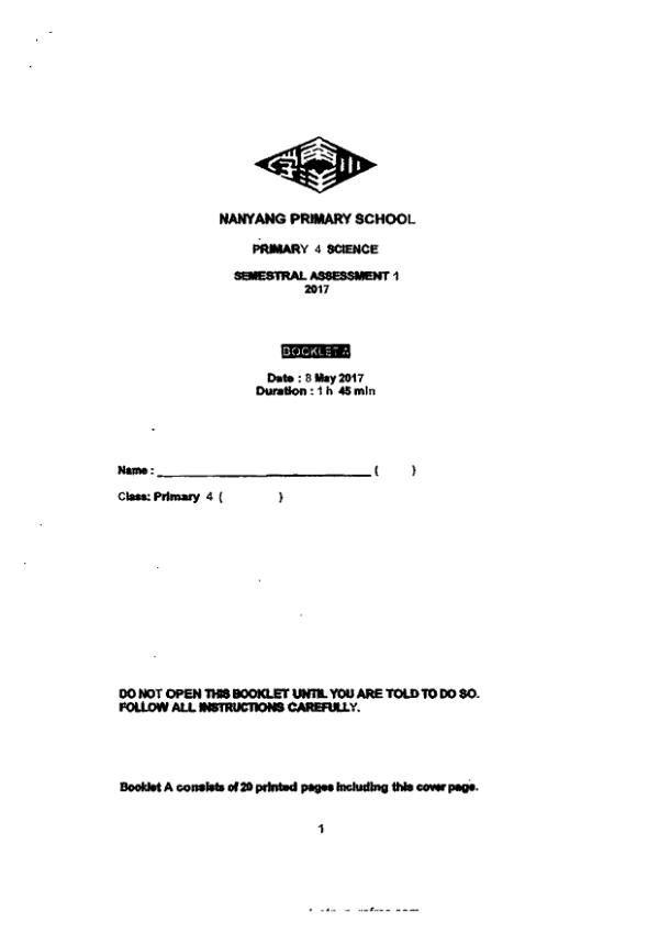 Nanyang P4 Sci WA2 2017 exam paper PDF first page preview