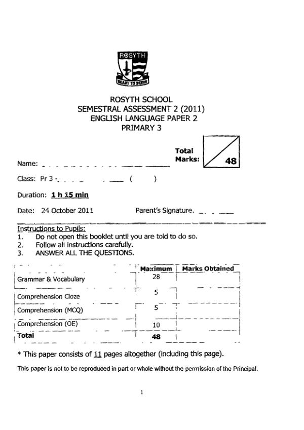 Rosyth P3 Eng SA2 2011 exam paper PDF first page preview