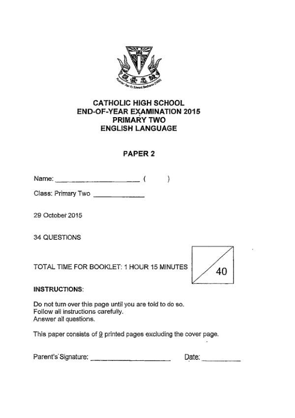 Catholic High P2 Eng SA2 2015 exam paper PDF first page preview