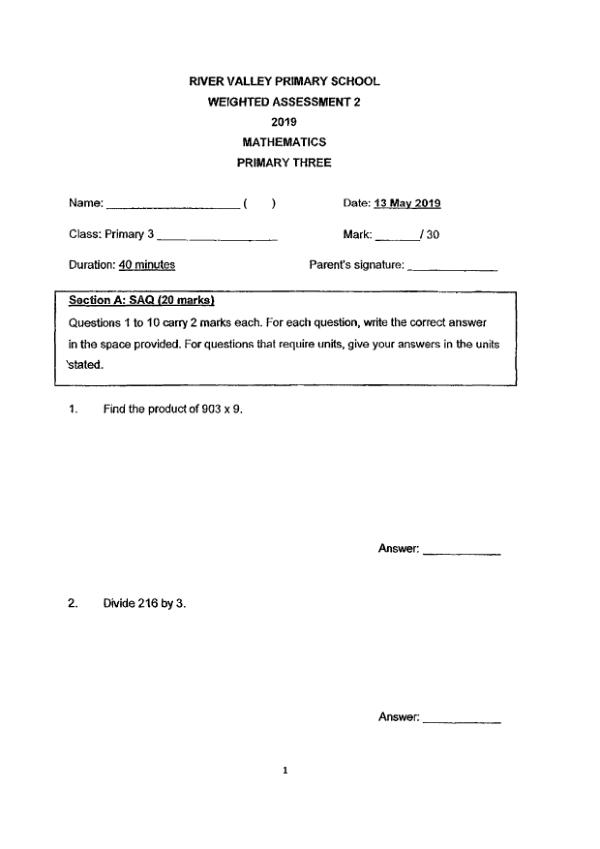 First page preview of P3 Math 2019 WA2 — River Valley