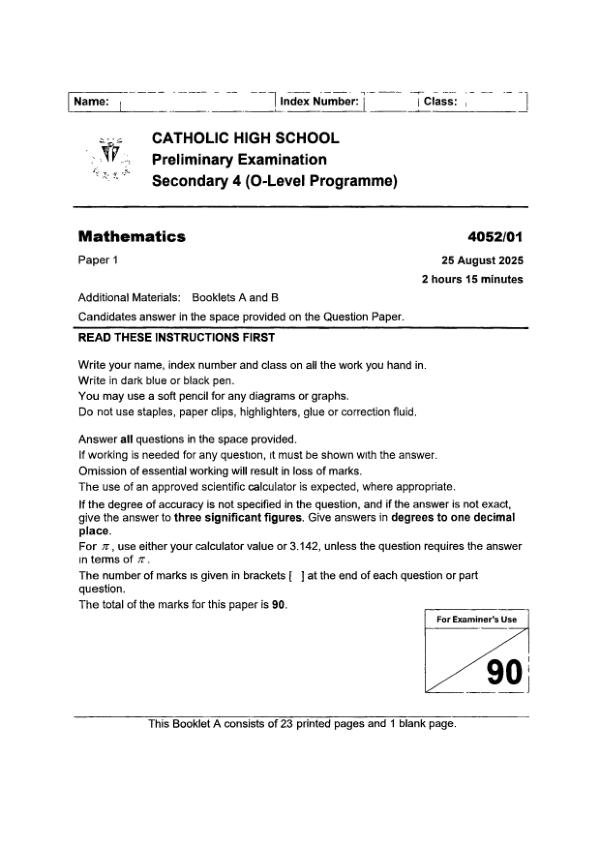 Catholic High Sec4 E_Maths Prelim 2025 exam paper PDF preview