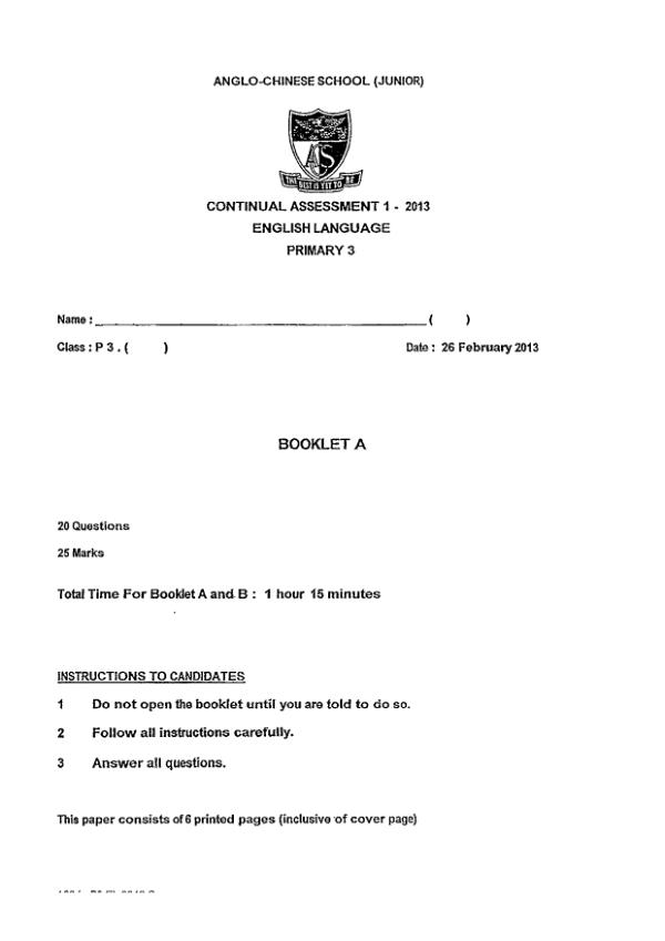 Anglo Chinese P3 Eng WA1 2013 exam paper PDF preview