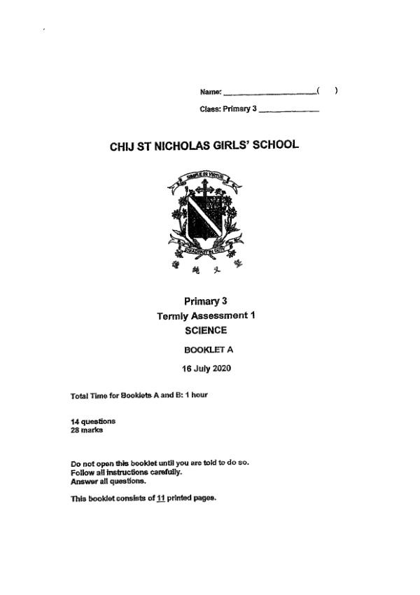CHIJ P3 Sci WA3 2020 exam paper PDF first page preview