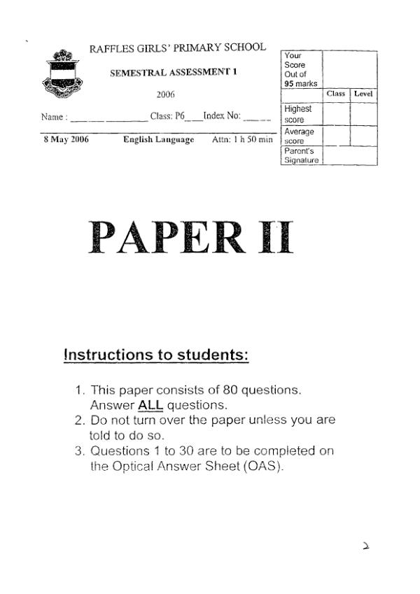Raffles Girls P6 Eng WA2 2006 exam paper PDF first page preview