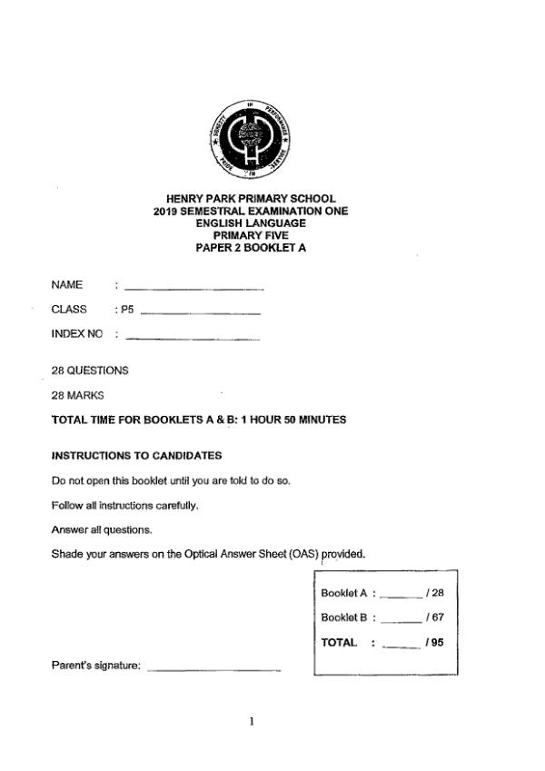Henry Park P5 Eng WA2 2019 exam paper PDF first page preview