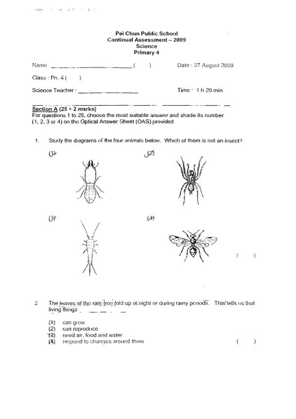 Pei Chun P4 Sci WA3 2009 exam paper PDF first page preview