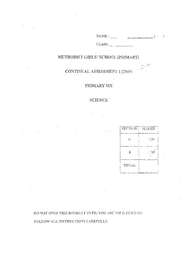 Methodist Girls P6 Sci WA1 2004 exam paper PDF preview