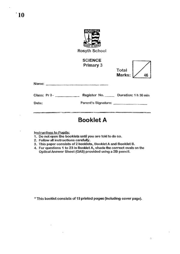 Rosyth P3 Sci SA2 2023 exam paper PDF preview