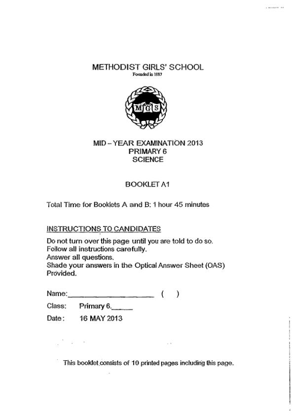 Methodist Girls P6 Sci WA2 2013 exam paper PDF preview