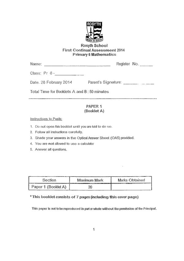 Rosyth P6 Math WA1 2014 exam paper PDF preview