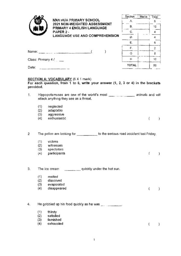 Nan Hua P4 Eng WA3 2021 exam paper PDF first page preview