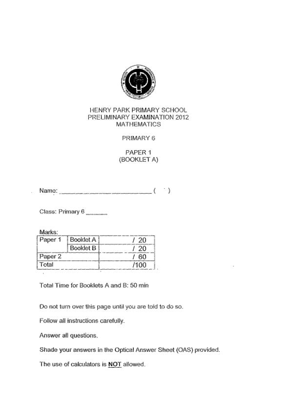 Henry Park P6 Math SA2 2012 exam paper PDF preview