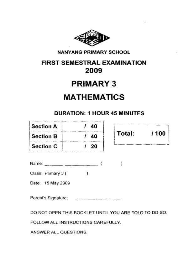 Nanyang P3 Math WA2 2009 exam paper PDF first page preview