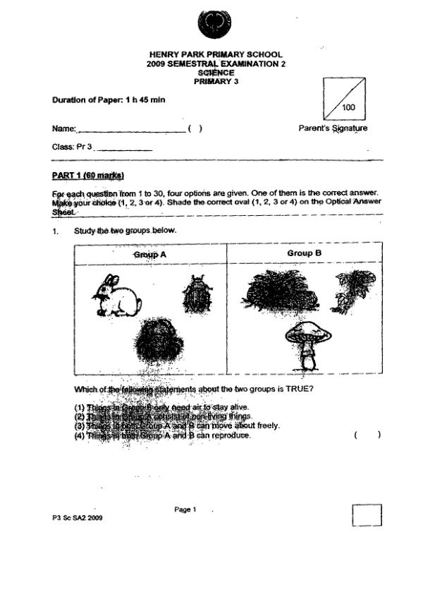 Henry Park P3 Sci SA2 2009 exam paper PDF preview