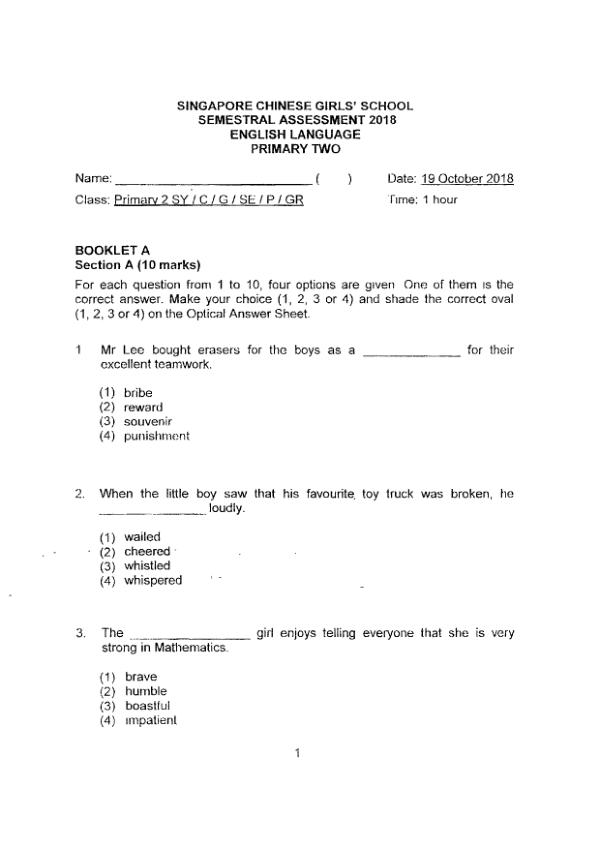 Singapore Chinese Girls P2 Eng SA2 2018 exam paper PDF preview