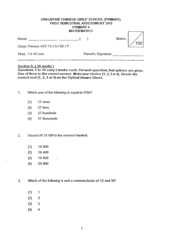 Singapore Chinese Girls P4 Math WA2 2013 exam paper PDF first page preview