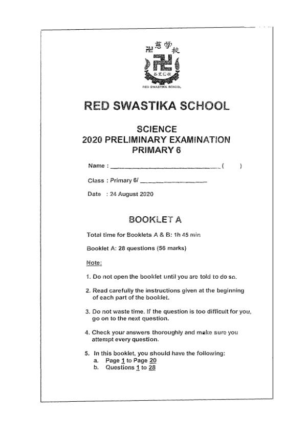 Red Swastika P6 Sci SA2 2020 exam paper PDF first page preview