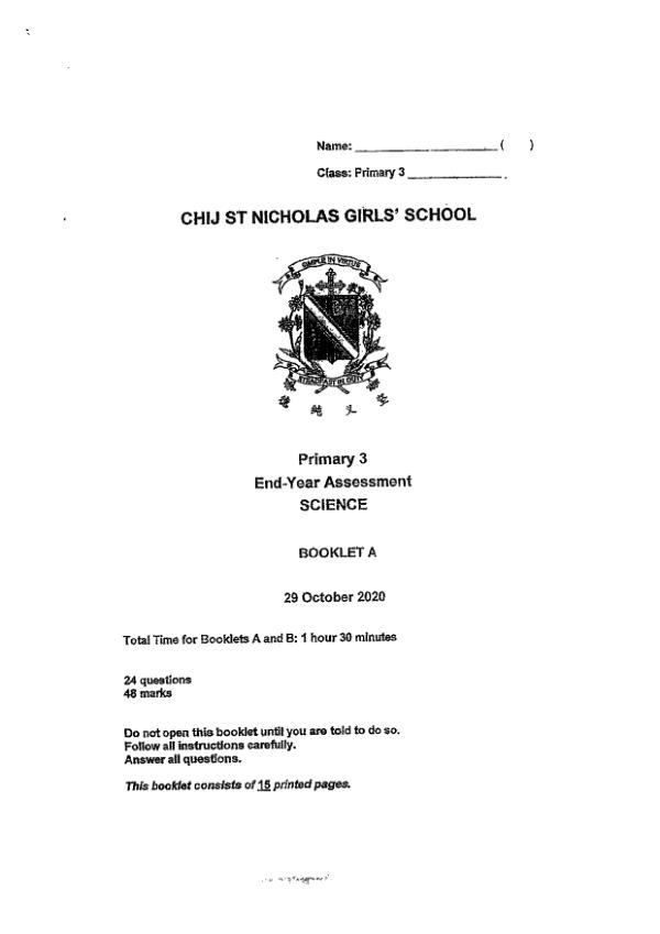 CHIJ P3 Sci SA2 2020 exam paper PDF first page preview
