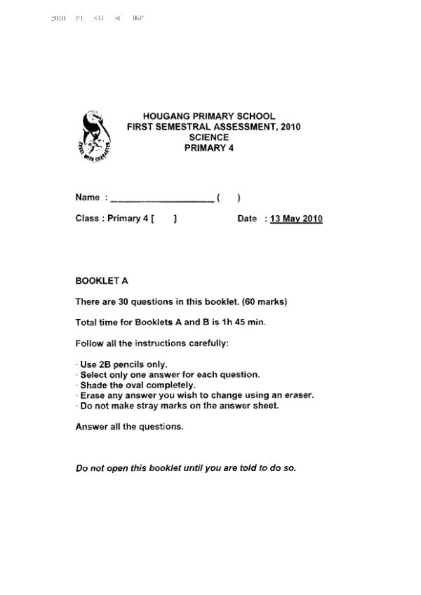 Hougang P4 Sci WA2 2010 exam paper PDF preview