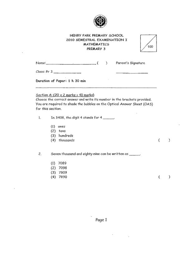 Henry Park P3 Math WA2 2010 exam paper PDF first page preview