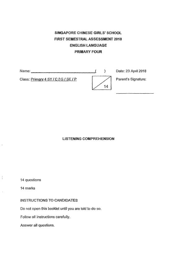 Singapore Chinese Girls P4 Eng WA2 2018 exam paper PDF first page preview